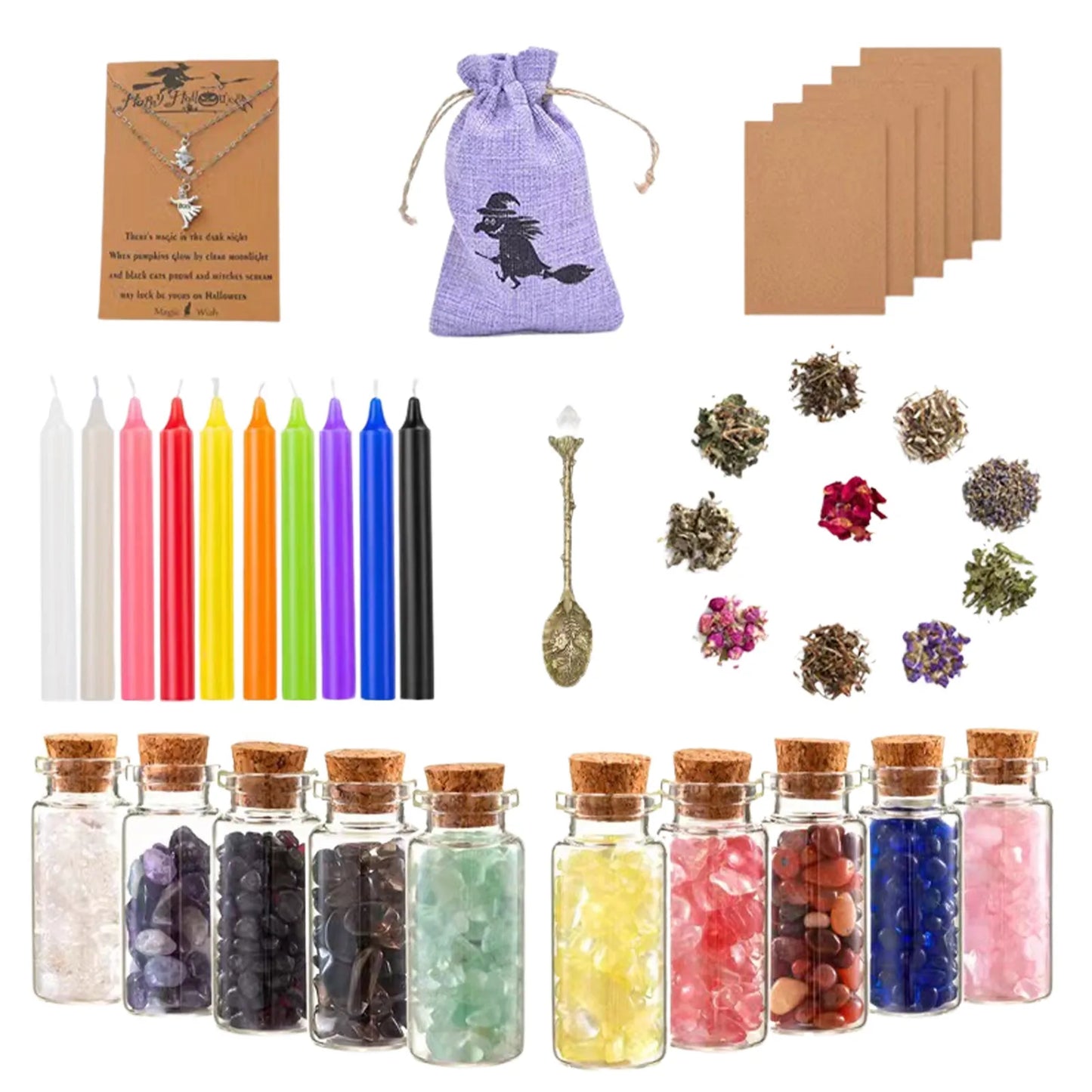Witchcraft Supplies Kit Wiccan Supplies Tools Witch Box Include Dried Herbs Crystal Jars Colored Candles Parchment for Spells
