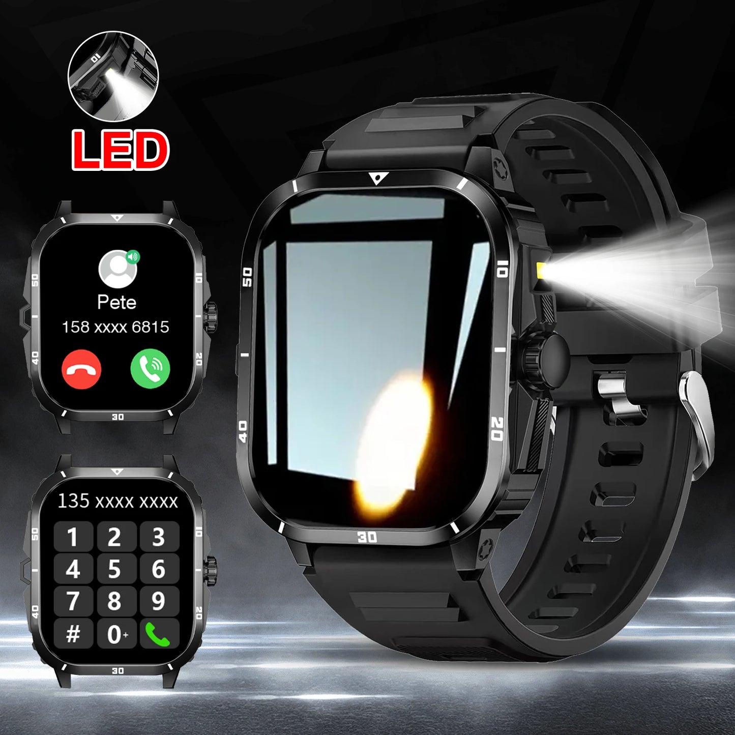 Smart watch, full touchscreen sports watch, Bluetooth calling, with flashlight, unisex, compatible with Android and iPhone.