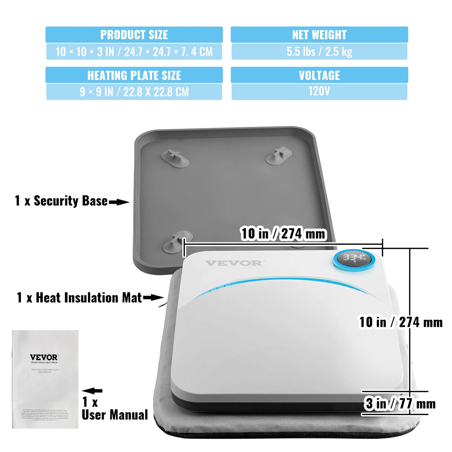 SucceBuy 9x9/12x10 in Portable Heat Press Machine DIY Shirt Printing Multifunctional Sublimation Transfer HTV Vinyl T-shirt Bag