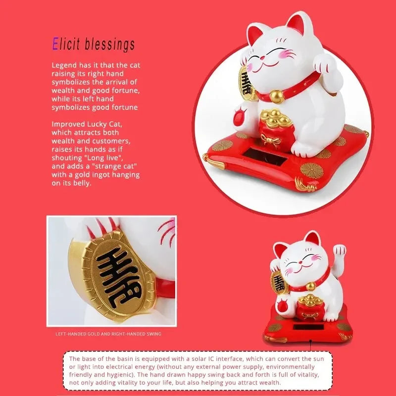 1pc Lucky Beckoning Cat Solar Powered Waving Wealth Good Fortune Awaits Solar-Powered Ornaments for Home, Office, and C