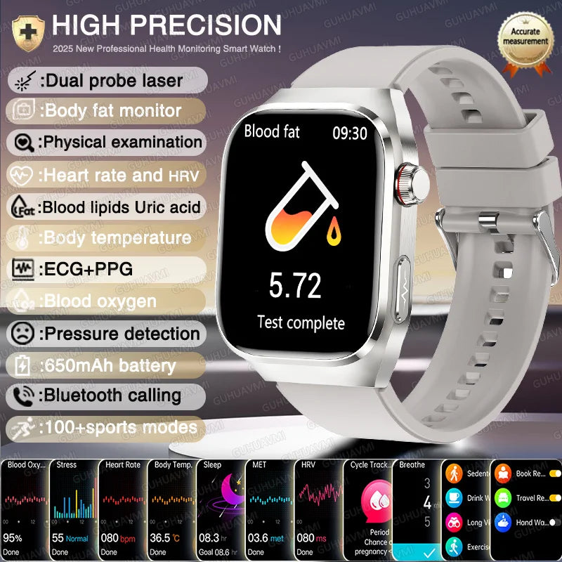 New Nursing Level Blood Pressure Laser Therapy Diagnosis Smart Watch Men Women Clock ECG+PPG Uric Acid Lipid Heart Rate Watches