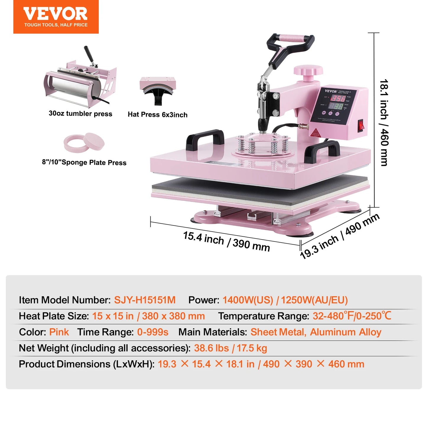 SucceBuy Heat Press Machine 12x15 inch 8 in 1 Heat Transfer Machine 360° Swing Away T-Shirt for T-Shirts/Mugs/Hats/Plates Pink