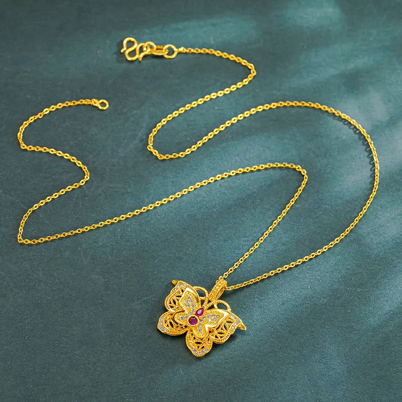 Luxury 24K 9999 Pure Gold real gold Silk Hollow Ruby Butterfly Pendant Butterfly Necklace Women's Clavicle Chain