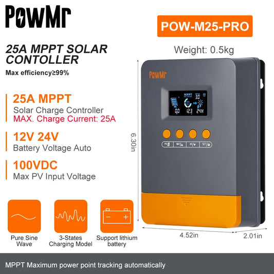 PowMr 25A 35A 45A MPPT Solar Charge Controller Blacklight LCD Regulator Max 100VDC Soalr Panel Support 12V 24V Lithium Battery