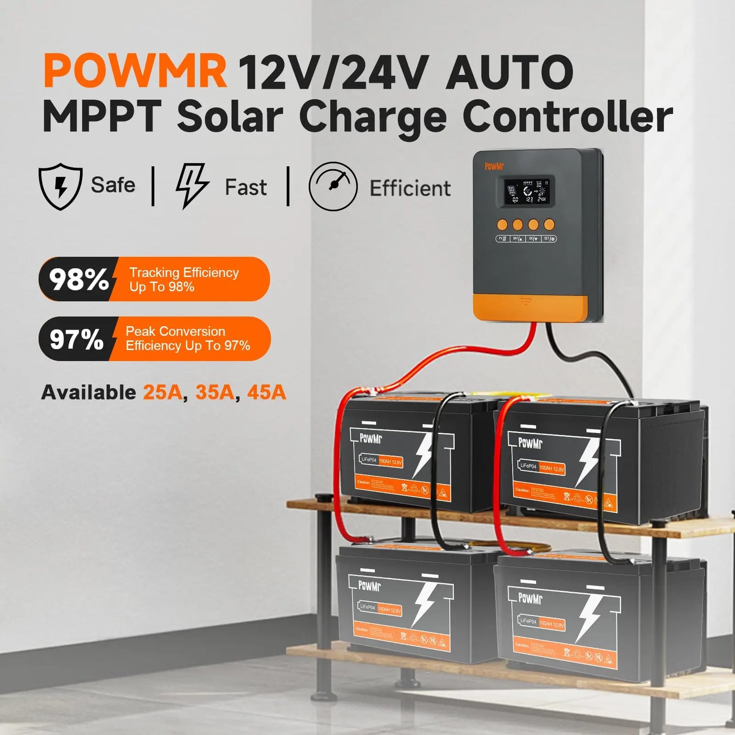 PowMr 25A 35A 45A MPPT Solar Charge Controller Blacklight LCD Regulator Max 100VDC Soalr Panel Support 12V 24V Lithium Battery