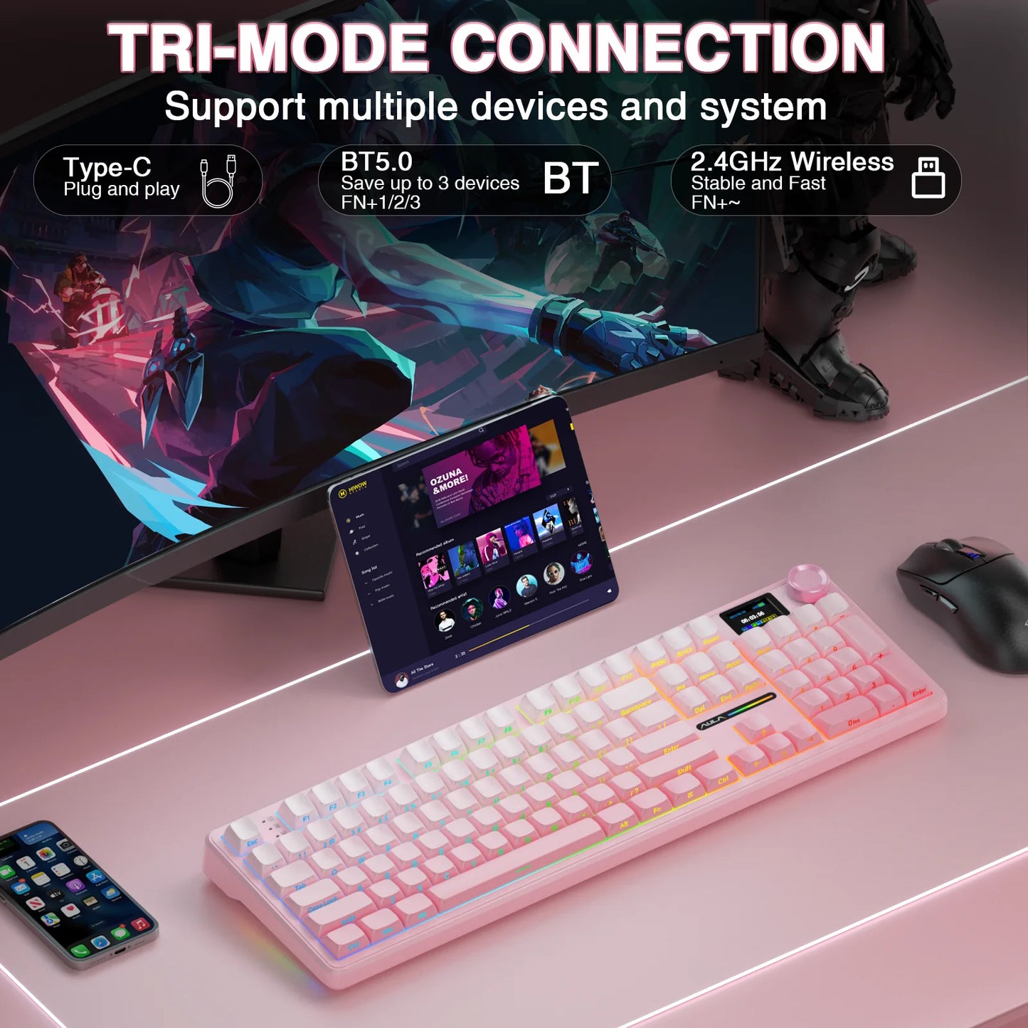 AULA F108 Pro Wireless Bluetooth Macro Gaming Keyboard With TFT Display