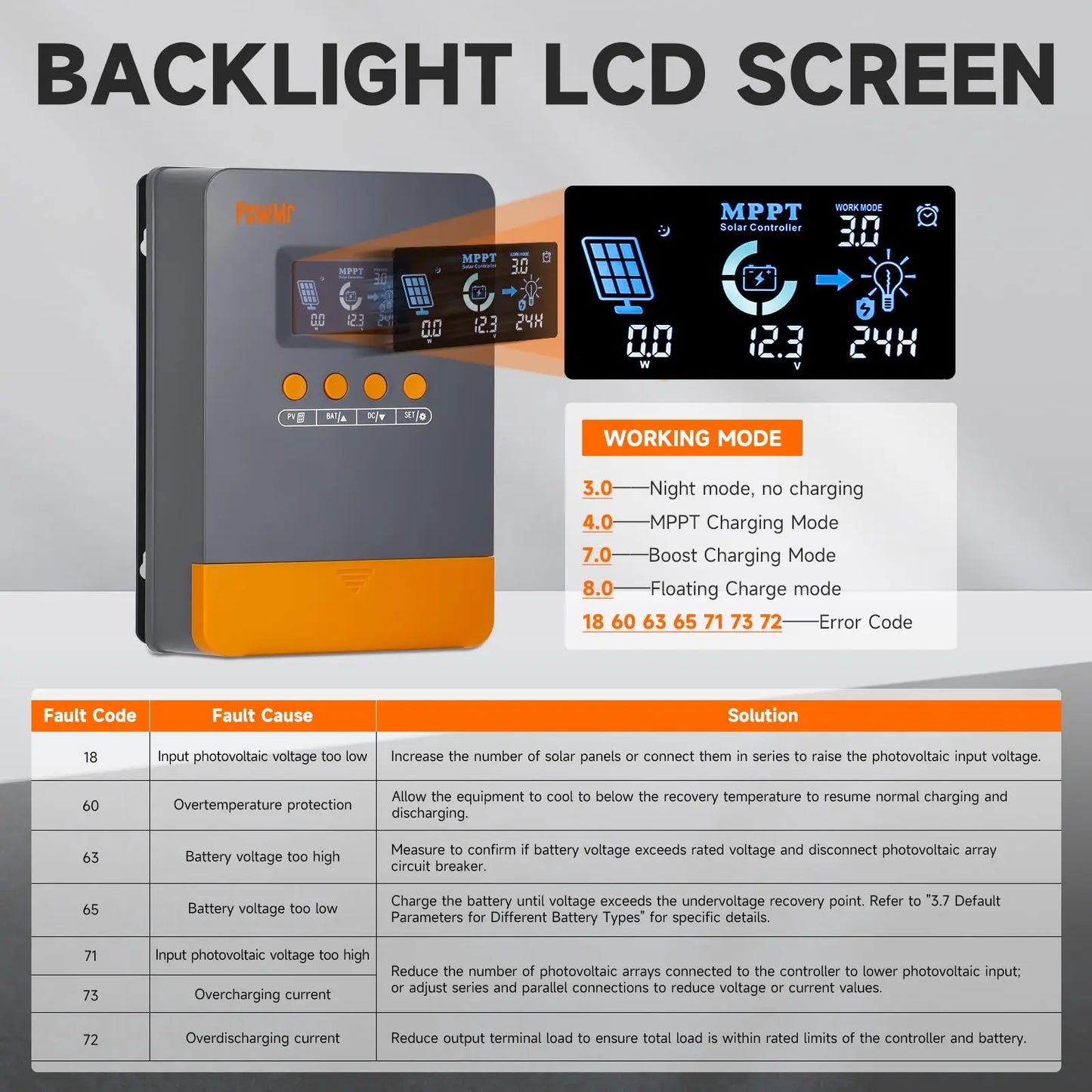 PowMr 25A 35A 45A MPPT Solar Charge Controller Blacklight LCD Regulator Max 100VDC Soalr Panel Support 12V 24V Lithium Battery
