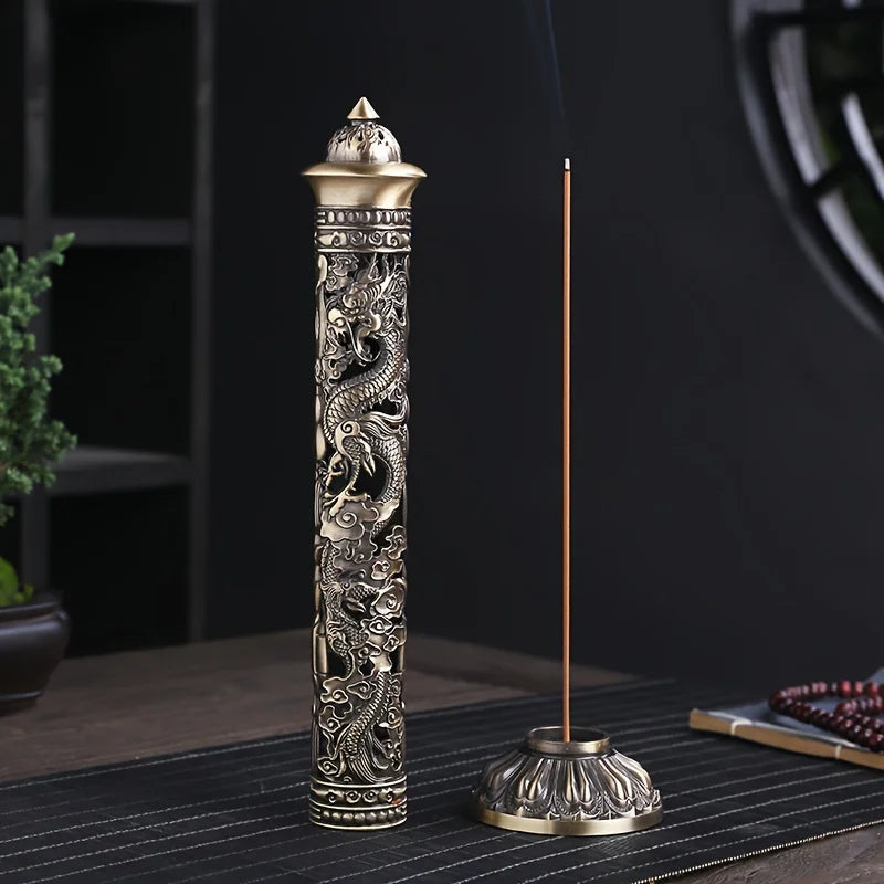 Retro Vertical Incense Burner Buddha Heart Sutra Dragon Phoenix Pillar Metal Incense Stick Home Office Ceremony Decoration