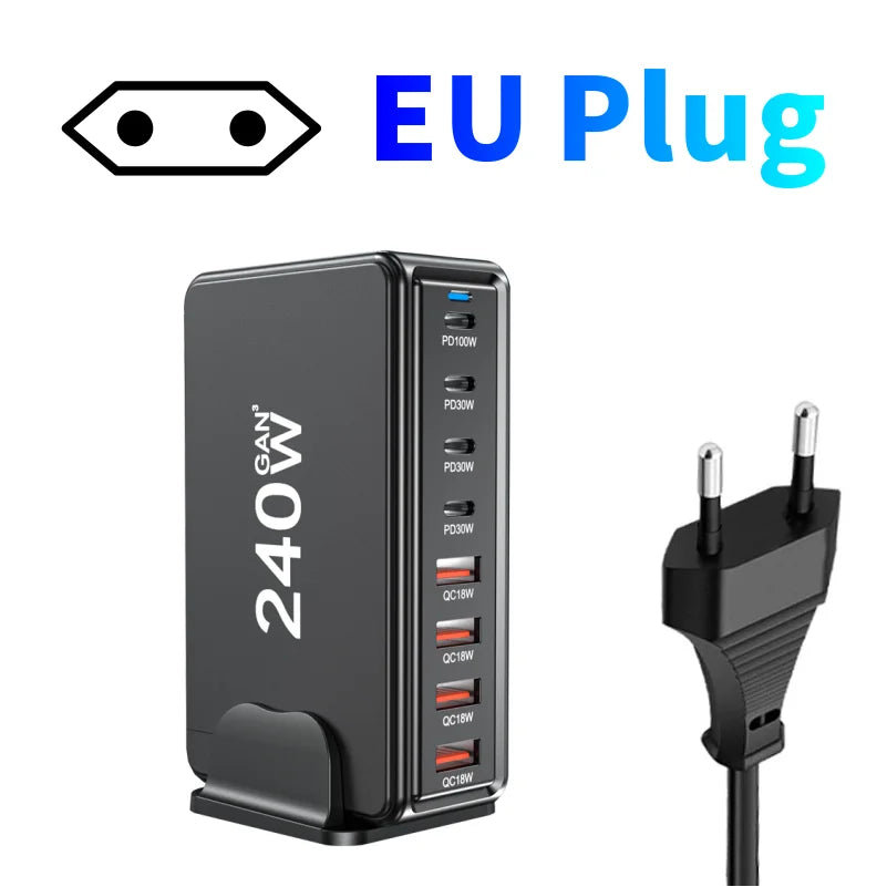 240W fast charging block, 6-port charging station suitable for iPhone/iPad/MacBook, 4C2A PD GaN charger box, USB tower hub, 5-fo