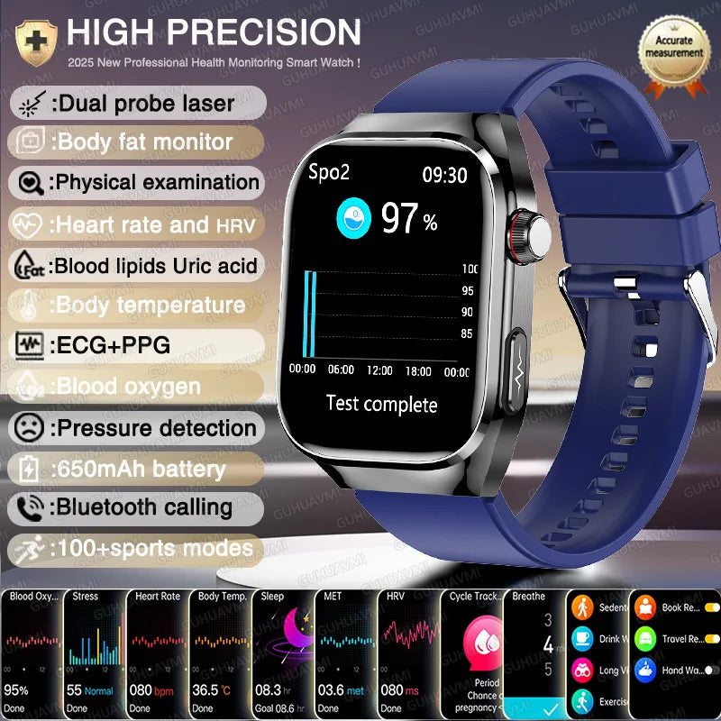 New Nursing Level Blood Pressure Laser Therapy Diagnosis Smart Watch Men Women Clock ECG+PPG Uric Acid Lipid Heart Rate Watches
