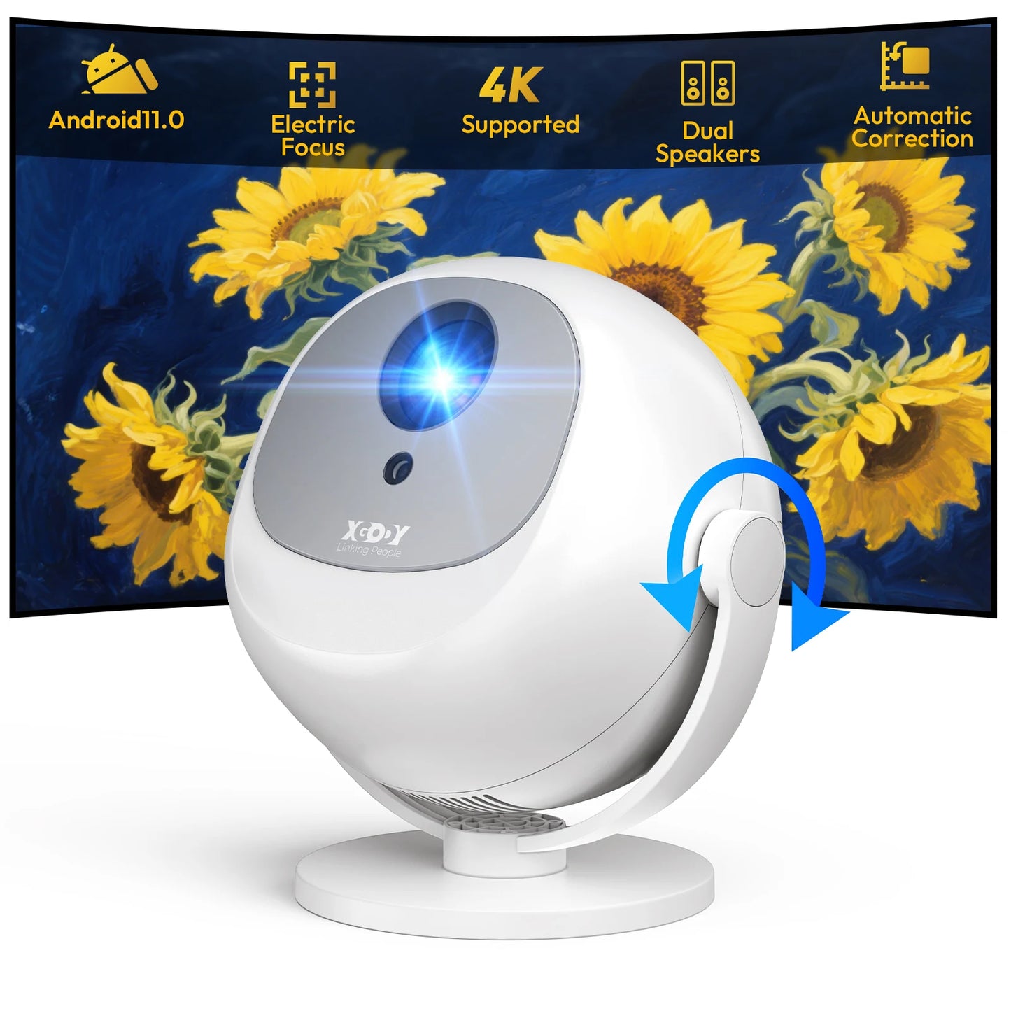XGODY 350 ANSI 4K Portable Android Projector Native 720P/1080P WiFi6 Bluetooth 50% Zoom Electric Focus for Home Theater