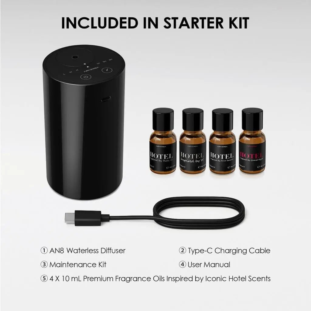 WaterlEssential Oil Diffuser Starter Kit with 4 x 10mL Hotel Scent Fragrance Oil, Battery Operated Mini Scent Air Machine