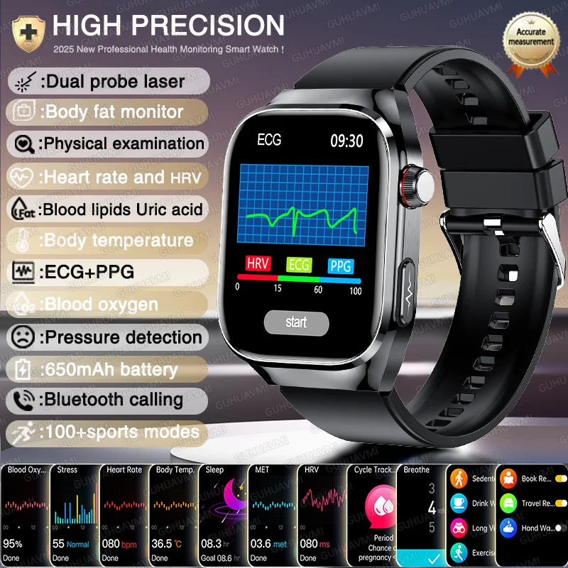 New Nursing Level Blood Pressure Laser Therapy Diagnosis Smart Watch Men Women Clock ECG+PPG Uric Acid Lipid Heart Rate Watches