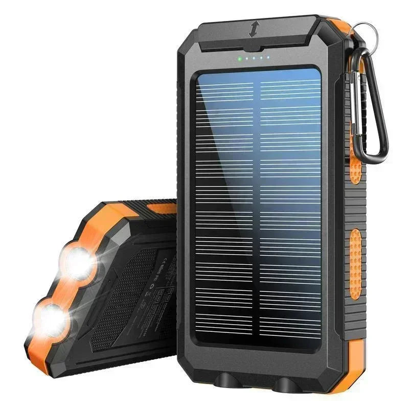 Camping charging must have 10000mAh Solar Power Bank: dual USB fast charging flashlight. Waterproof shockproof reliable outdoor