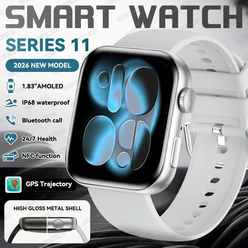 2026 New Original Watch Series 11 Women Smart Watch Bluetooth Call NFC IP68 Waterproof HD AMOLED Screen GPS Track Men Smartwatch