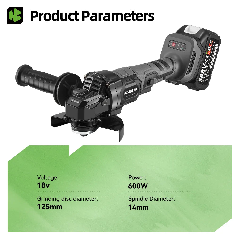 NEWBENY 125mm Brushless Cordless Electric Angle Grinder 3 Gears High Power Grinding Polisher Cutter Tool For Makita Battery Pin