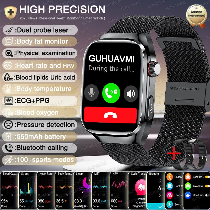 New Nursing Level Blood Pressure Laser Therapy Diagnosis Smart Watch Men Women Clock ECG+PPG Uric Acid Lipid Heart Rate Watches