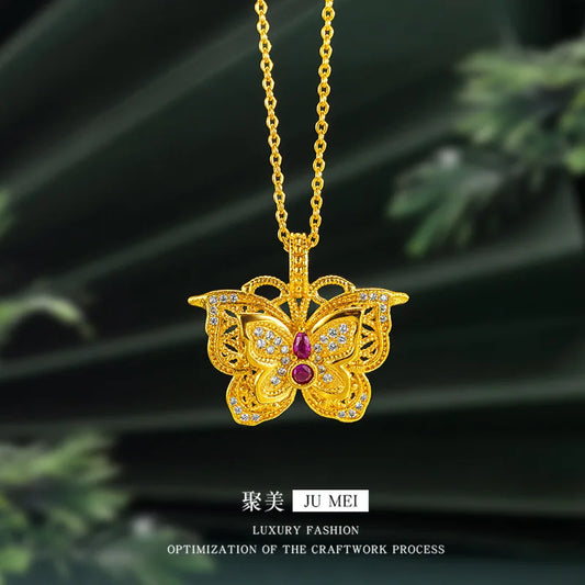 24K 9999 Silk Hollow Ruby Butterfly Pendant Necklace