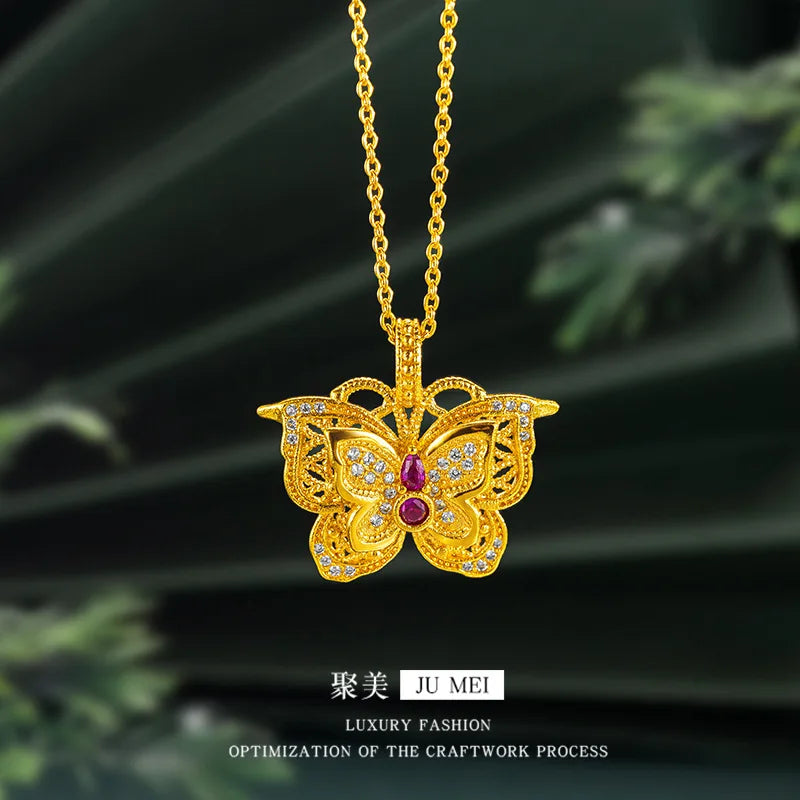 Luxury 24K 9999 Pure Gold real gold Silk Hollow Ruby Butterfly Pendant Butterfly Necklace Women's Clavicle Chain