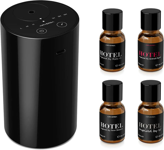 WaterlEssential Oil Diffuser Starter Kit with 4 x 10mL Hotel Scent Fragrance Oil, Battery Operated Mini Scent Air Machine