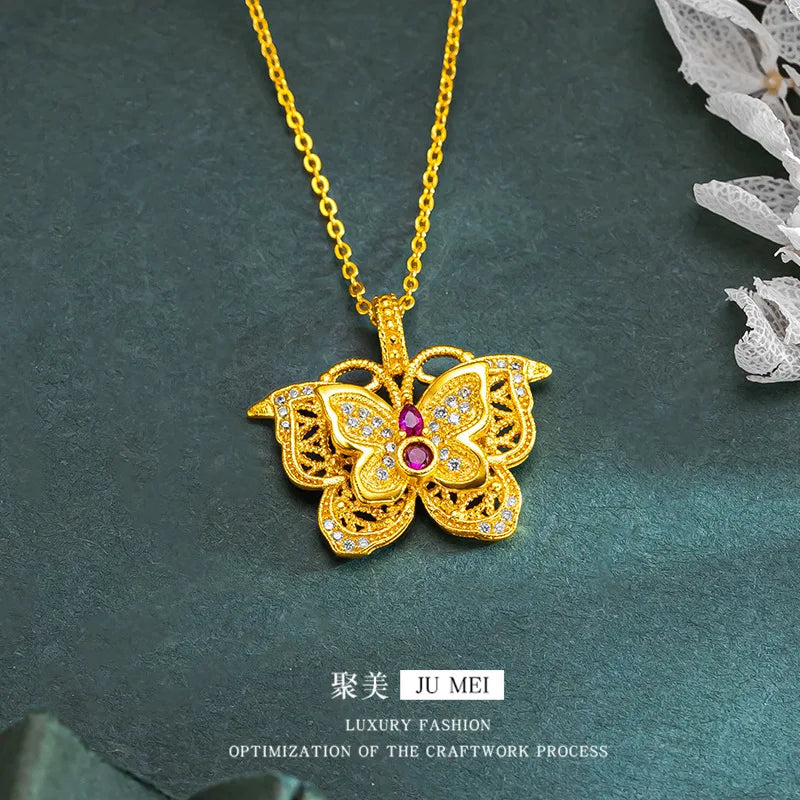 24K 9999 Silk Hollow Ruby Butterfly Pendant Necklace