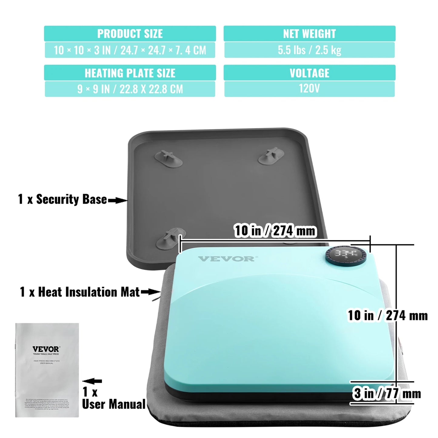 SucceBuy 9x9/12x10 in Portable Heat Press Machine DIY Shirt Printing Multifunctional Sublimation Transfer HTV Vinyl T-shirt Bag