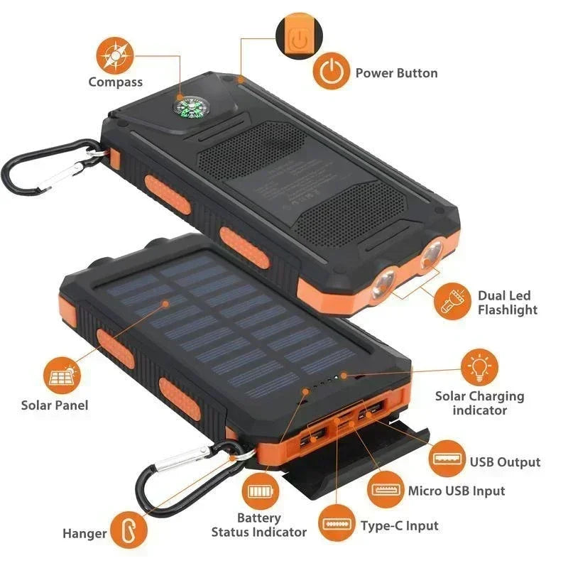 Camping charging must have 10000mAh Solar Power Bank: dual USB fast charging flashlight. Waterproof shockproof reliable outdoor