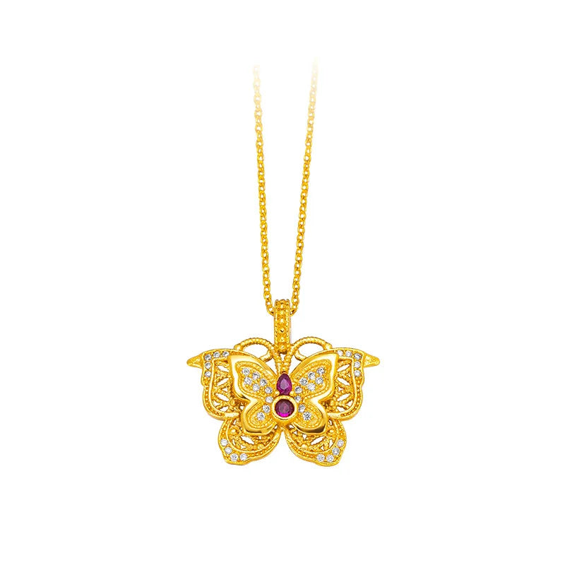 24K 9999 Silk Hollow Ruby Butterfly Pendant Necklace