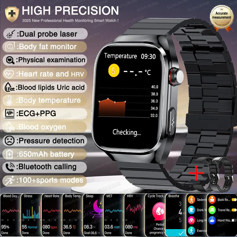 New Nursing Level Blood Pressure Laser Therapy Diagnosis Smart Watch Men Women Clock ECG+PPG Uric Acid Lipid Heart Rate Watches