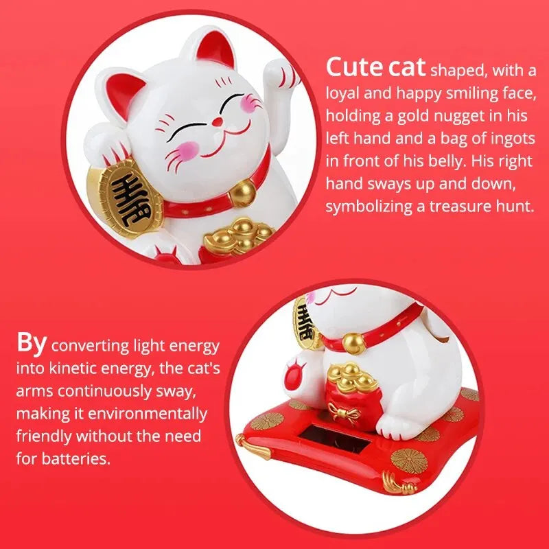 1pc Lucky Beckoning Cat Solar Powered Waving Wealth Good Fortune Awaits Solar-Powered Ornaments for Home, Office, and C