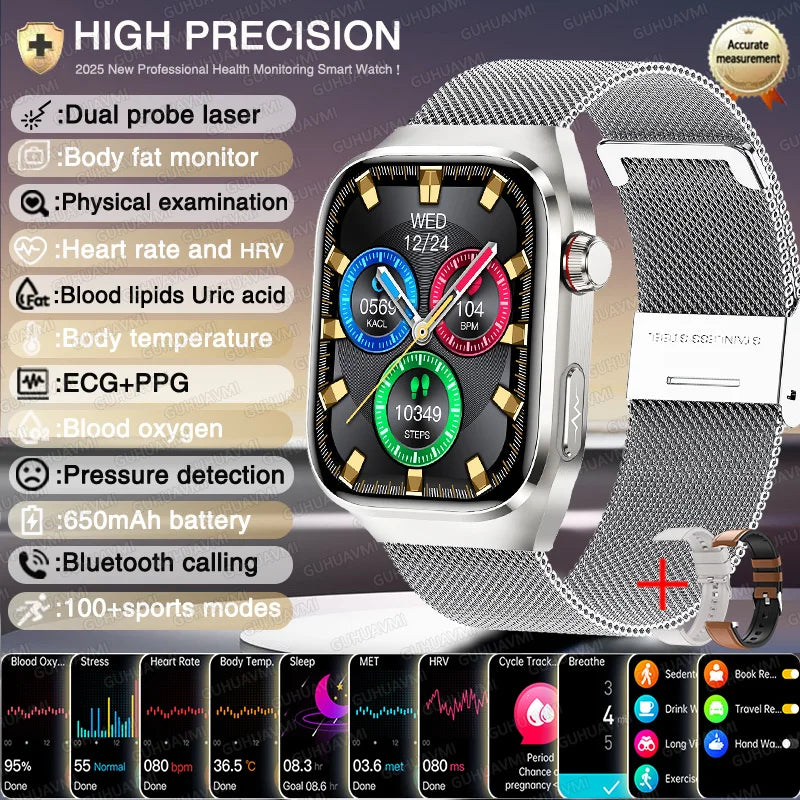 New Nursing Level Blood Pressure Laser Therapy Diagnosis Smart Watch Men Women Clock ECG+PPG Uric Acid Lipid Heart Rate Watches