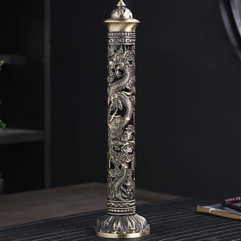 Retro Vertical Incense Burner Buddha Heart Sutra Dragon Phoenix Pillar Metal Incense Stick Home Office Ceremony Decoration