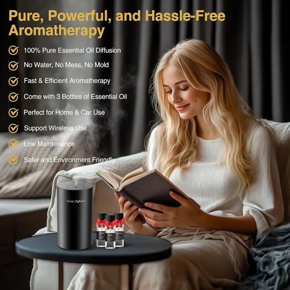 Oil Diffuser Starter Kit - Battery Operated Mini Scent Air Spray, 3x20ML Essential Oils, Portable Aromatherapy Diffuser for Home