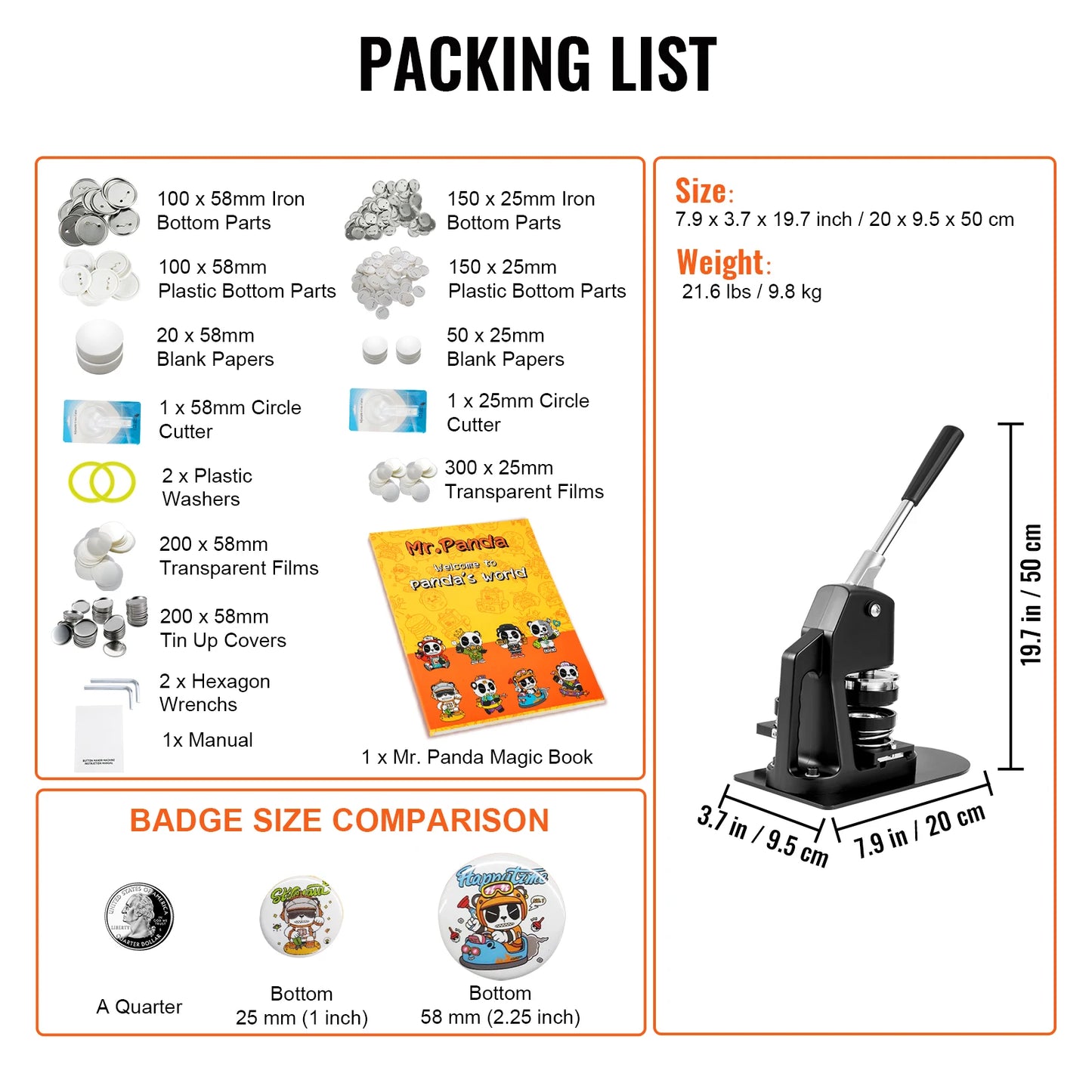 SucceBuy 25+58MM/32+58MM Badge Maker Machine DIY Button Pin with 500Pcs Free Parts Press Kit Circle Manufacture Button Tool