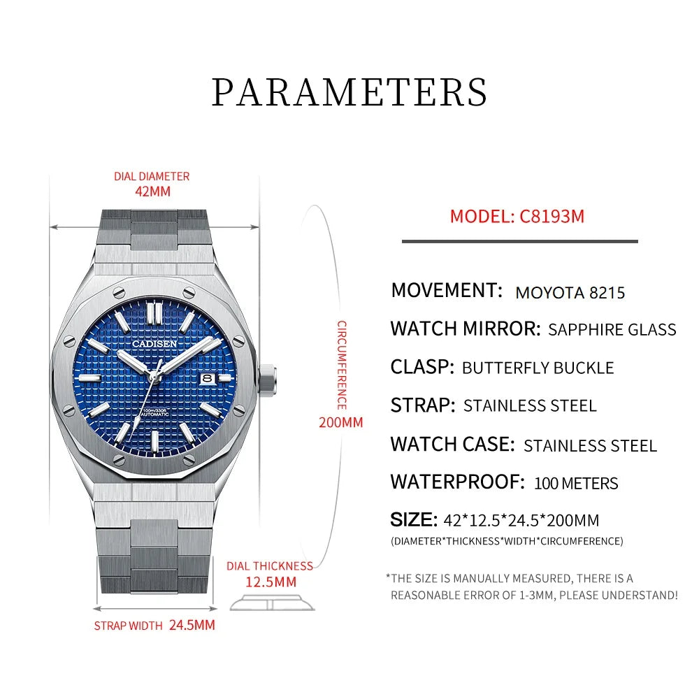 Cadisen Automatic Mens Watch Stainless Steel Sapphire Glass NH35A