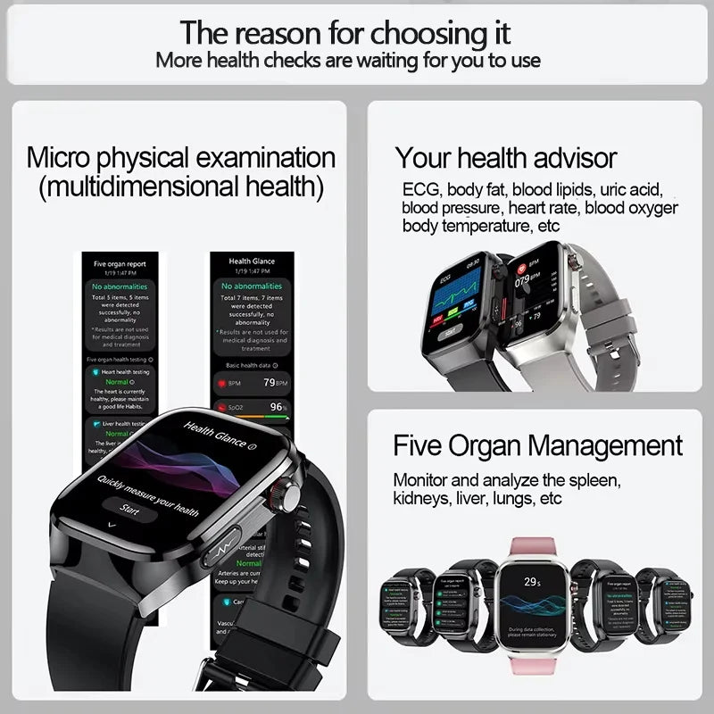 New Nursing Level Blood Pressure Laser Therapy Diagnosis Smart Watch Men Women Clock ECG+PPG Uric Acid Lipid Heart Rate Watches