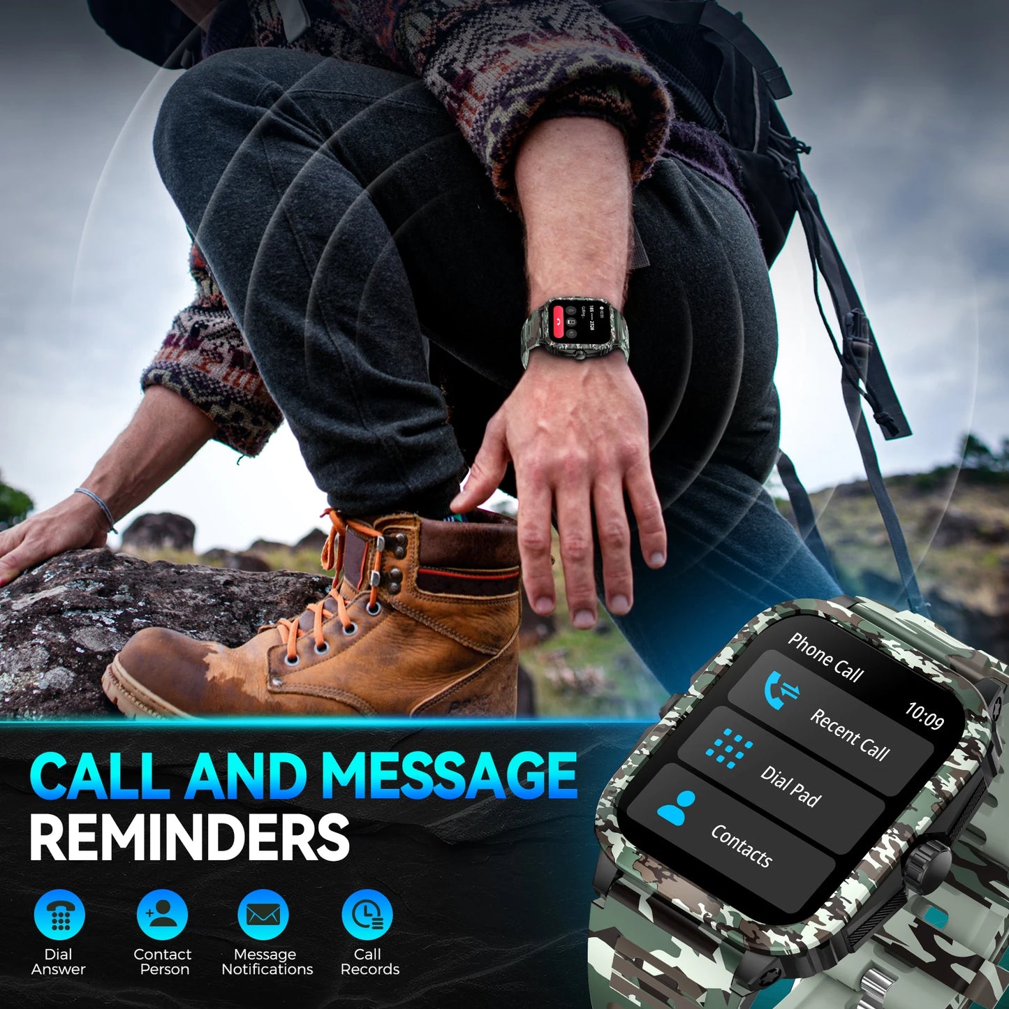 LaNikar Smart Watch 3ATM Waterproof Men 1.96" KT71 Fitness Tracker Heart Rate Bluetooth Call Camouflage Color Original Design
