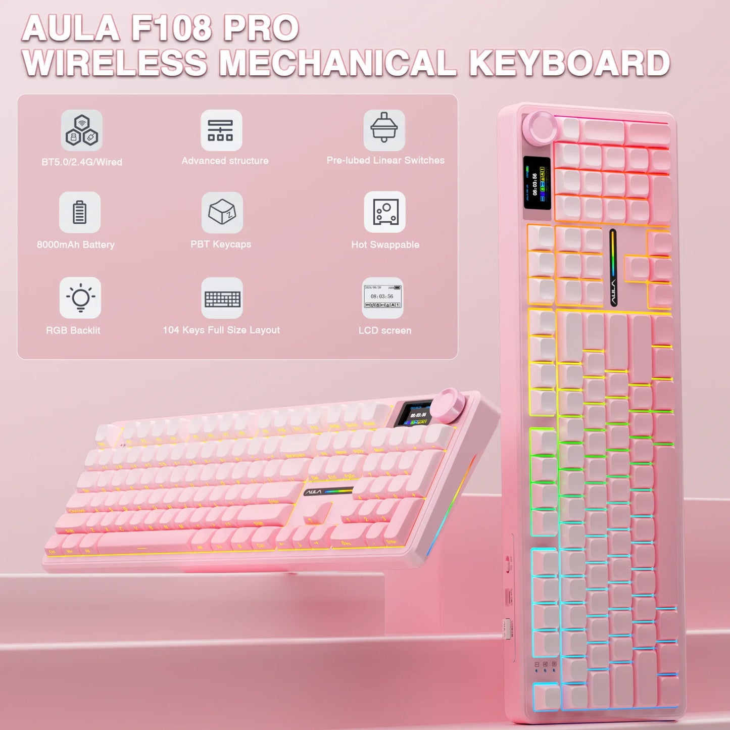 AULA F108 Pro Wireless Bluetooth Macro Gaming Keyboard With TFT Display