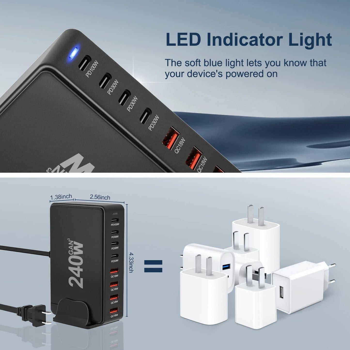 240W fast charging block, 6-port charging station suitable for iPhone/iPad/MacBook, 4C2A PD GaN charger box, USB tower hub, 5-fo