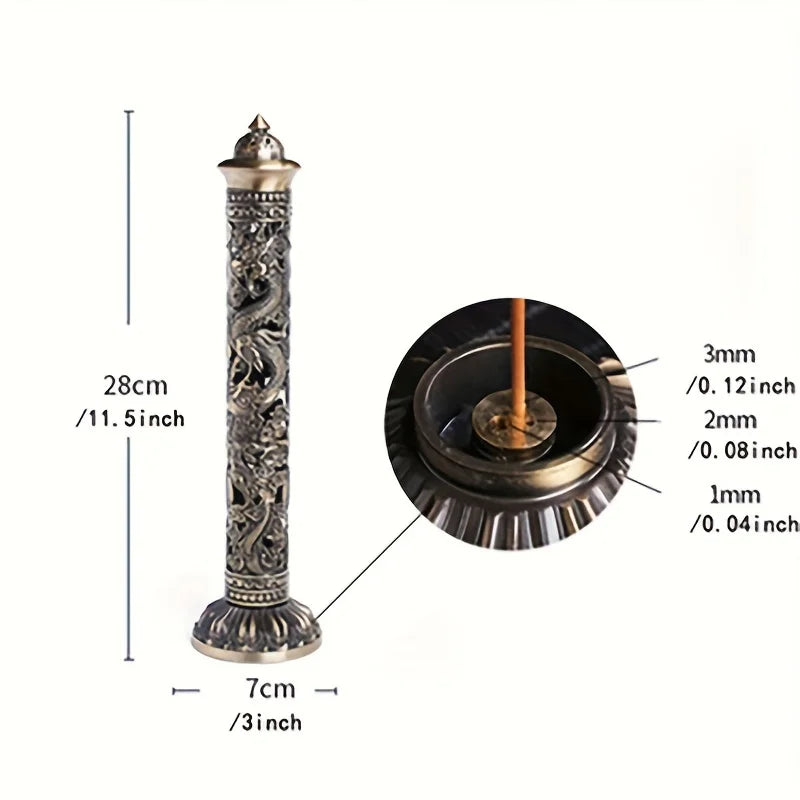 Retro Vertical Incense Burner Buddha Heart Sutra Dragon Phoenix Pillar Metal Incense Stick Home Office Ceremony Decoration