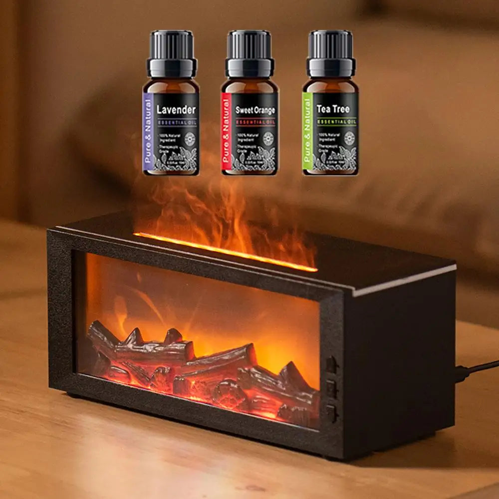Upgraded Fireplace Diffuser 7-Color LED Flame Effect 300ml Cool Mist Humidifier Remote Timer Relaxing Aromatherapy Home Office