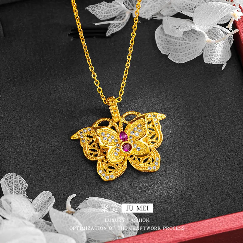 24K 9999 Silk Hollow Ruby Butterfly Pendant Necklace