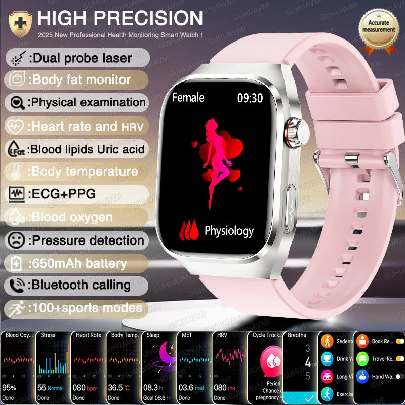 New Nursing Level Blood Pressure Laser Therapy Diagnosis Smart Watch Men Women Clock ECG+PPG Uric Acid Lipid Heart Rate Watches