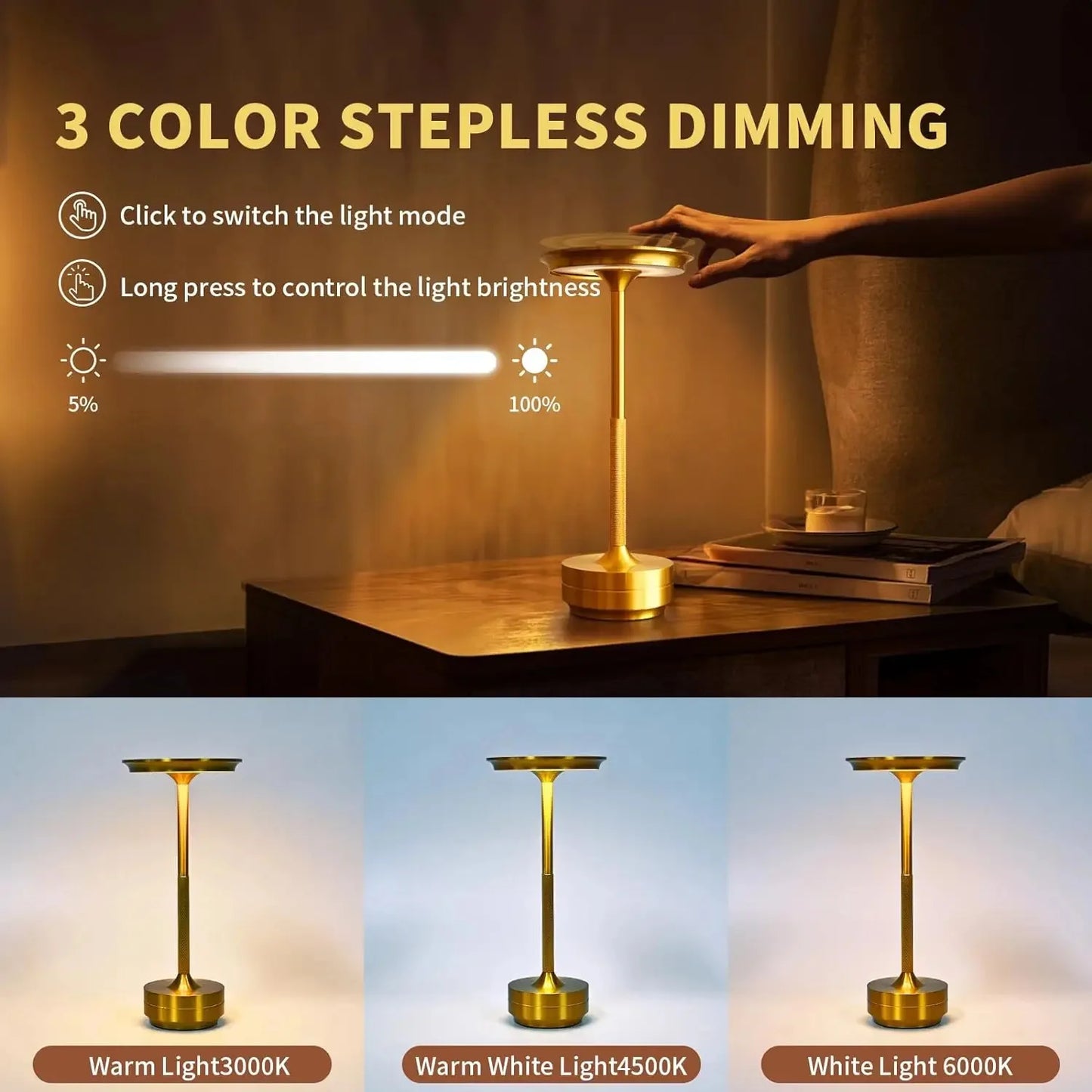 HPH Rechargeable Wireless Table Lamp USB C Touch Desk Light