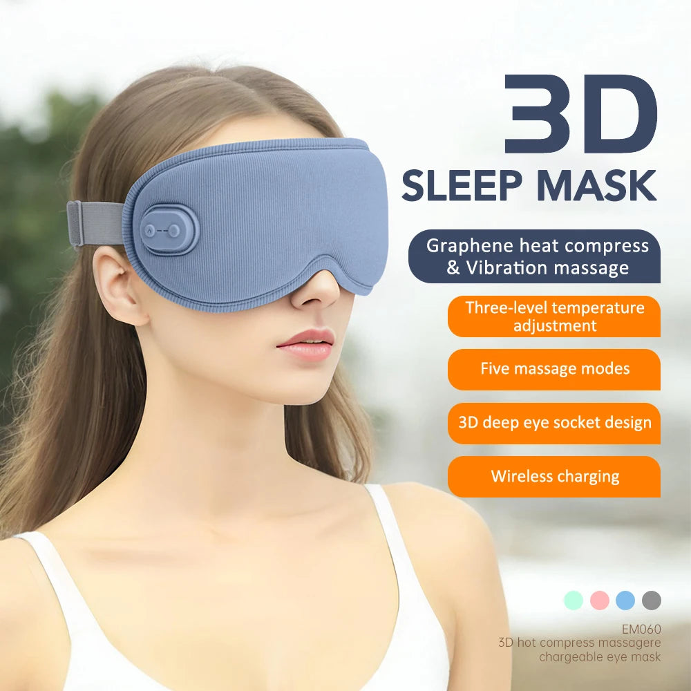 3D Heated Eye Massager Mask with 5 Modes & 3 Speed Levels, Rechargeable Sleep Aid Light Blocking Eye Cover