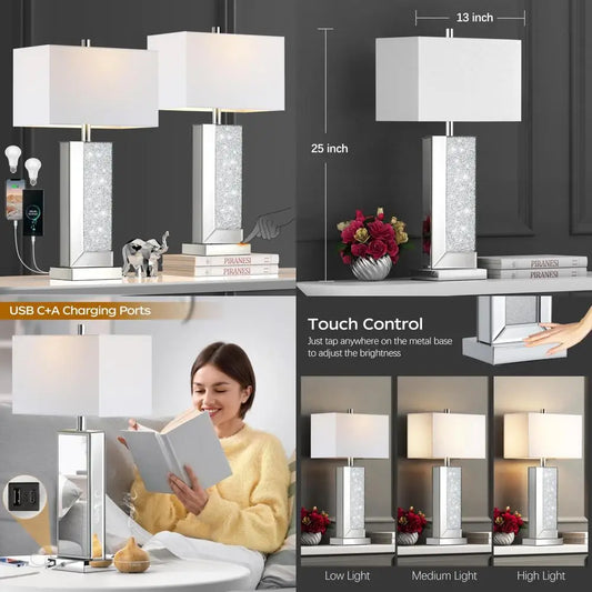 Modern Mirror Table Lamps With Touch Control 3-Way Dimmable USB-C USB-A Ports