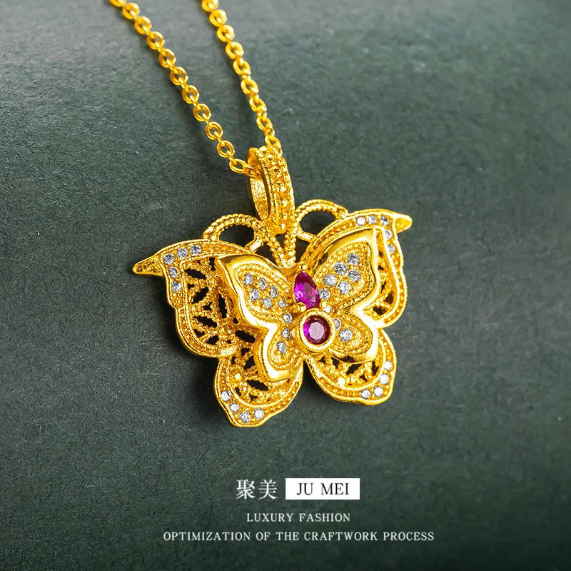 Luxury 24K 9999 Pure Gold real gold Silk Hollow Ruby Butterfly Pendant Butterfly Necklace Women's Clavicle Chain