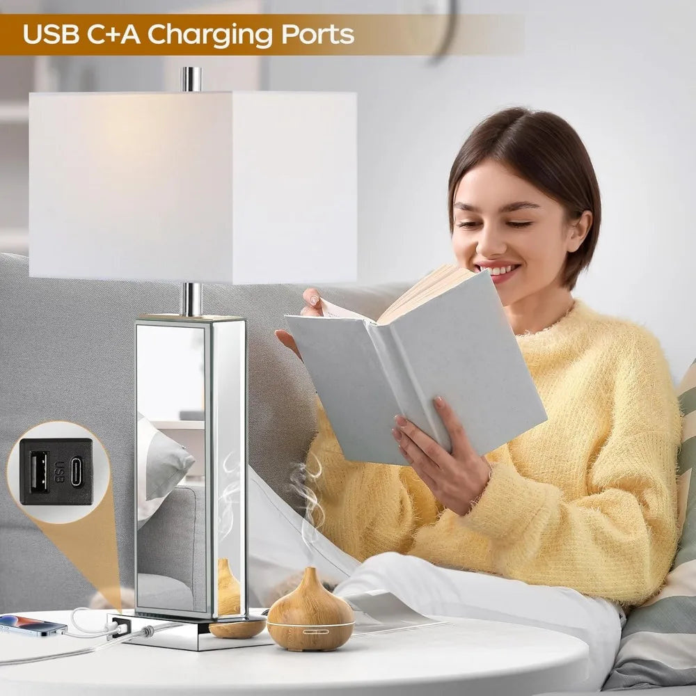Modern Mirror Table Lamps With Touch Control 3-Way Dimmable USB-C USB-A Ports