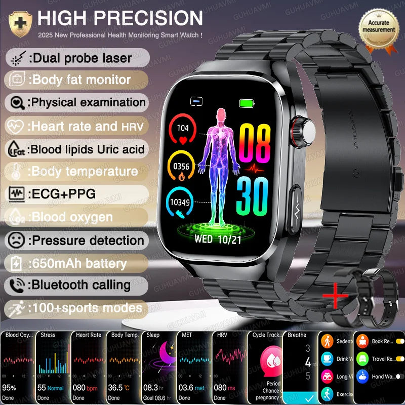 New Nursing Level Blood Pressure Laser Therapy Diagnosis Smart Watch Men Women Clock ECG+PPG Uric Acid Lipid Heart Rate Watches